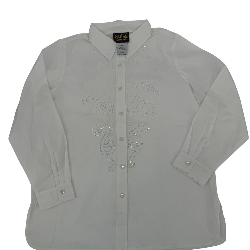 Bob Mackie Wearable Art Shirt Womens Medium White Sequin Button Down Long Sleeve